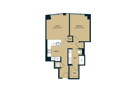 Floor plan for 1 bed, 1 bath, 716 sqft